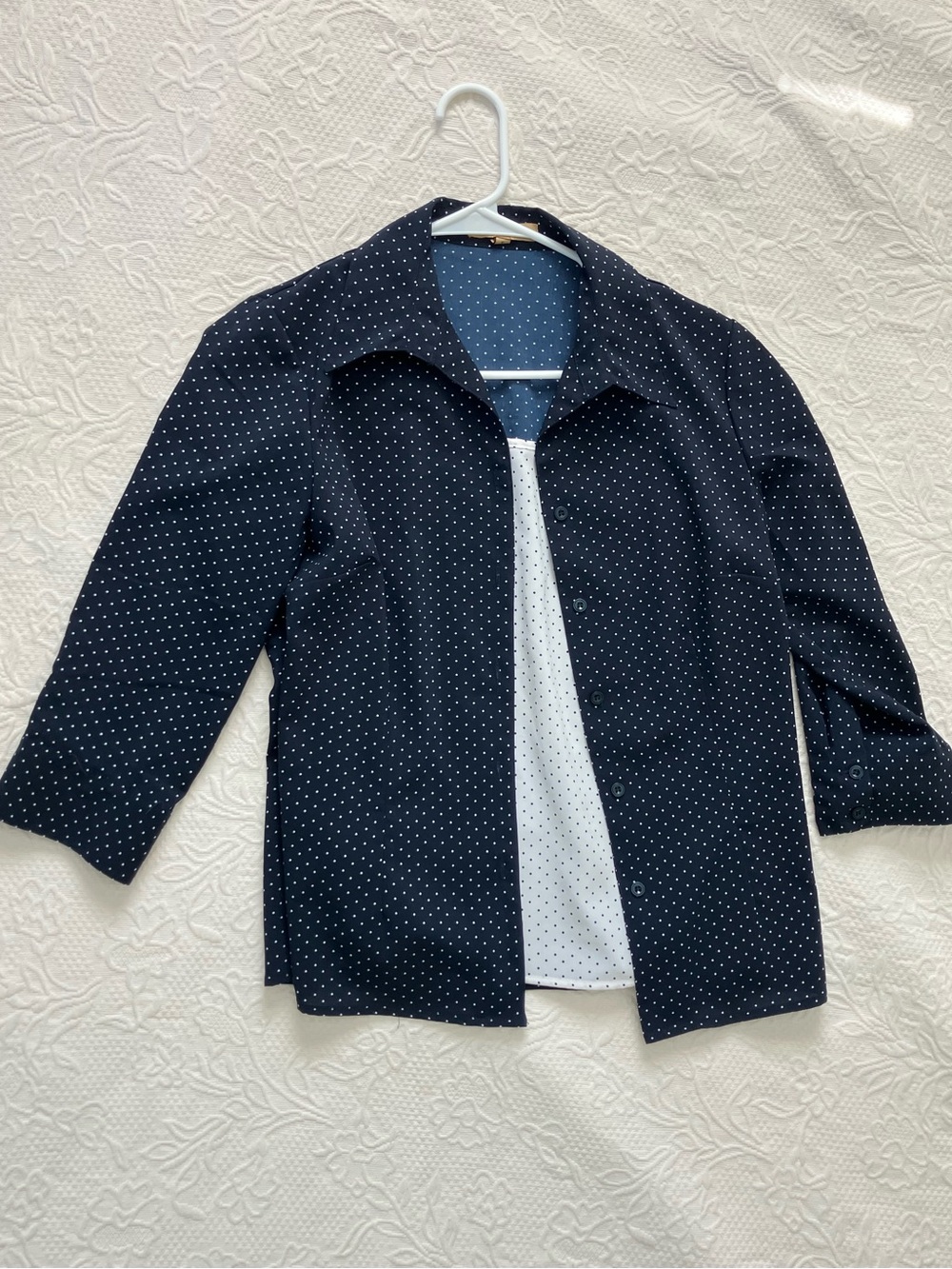 Polka dot button up shirt navy blue polka dot top Classic Button-Front Jacket